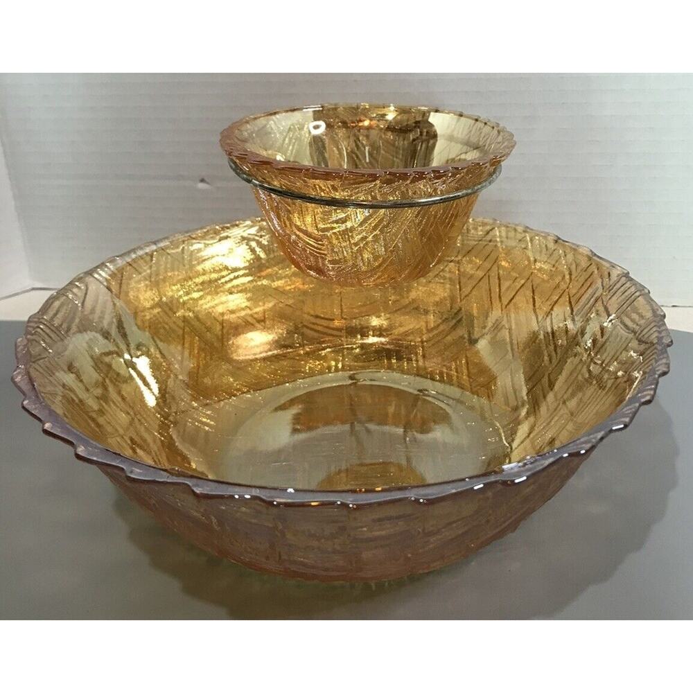 Carnival Glass Iridescent Dip Set Ruffled Edges Basket, Weave Design Vintage - Picture 3 of 8
